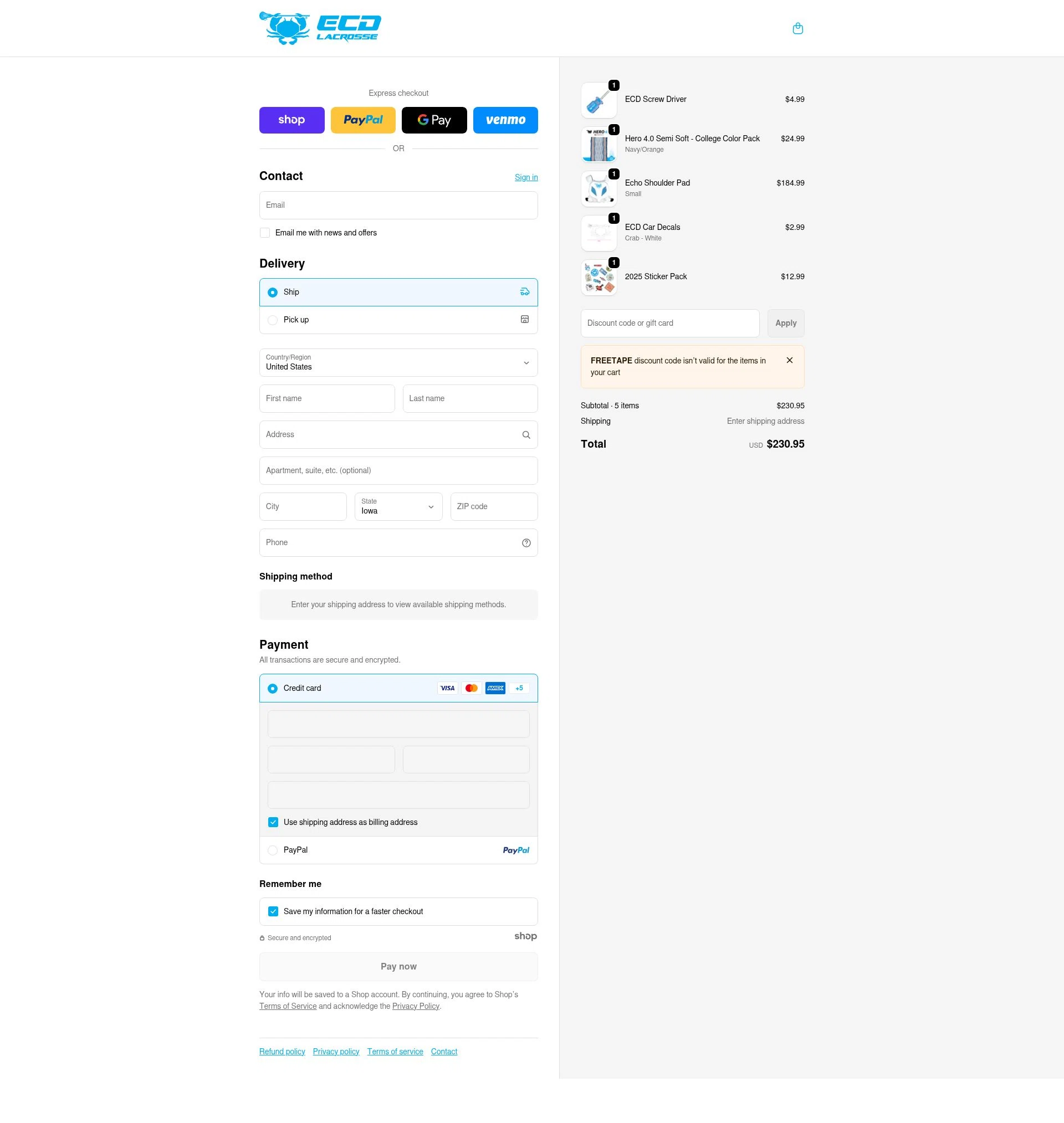 ECD Lacrosse checkout page showing ECD Lacrosse discount code box | Screenshot taken by SimplyCodes community member on Jan 10, 2026
