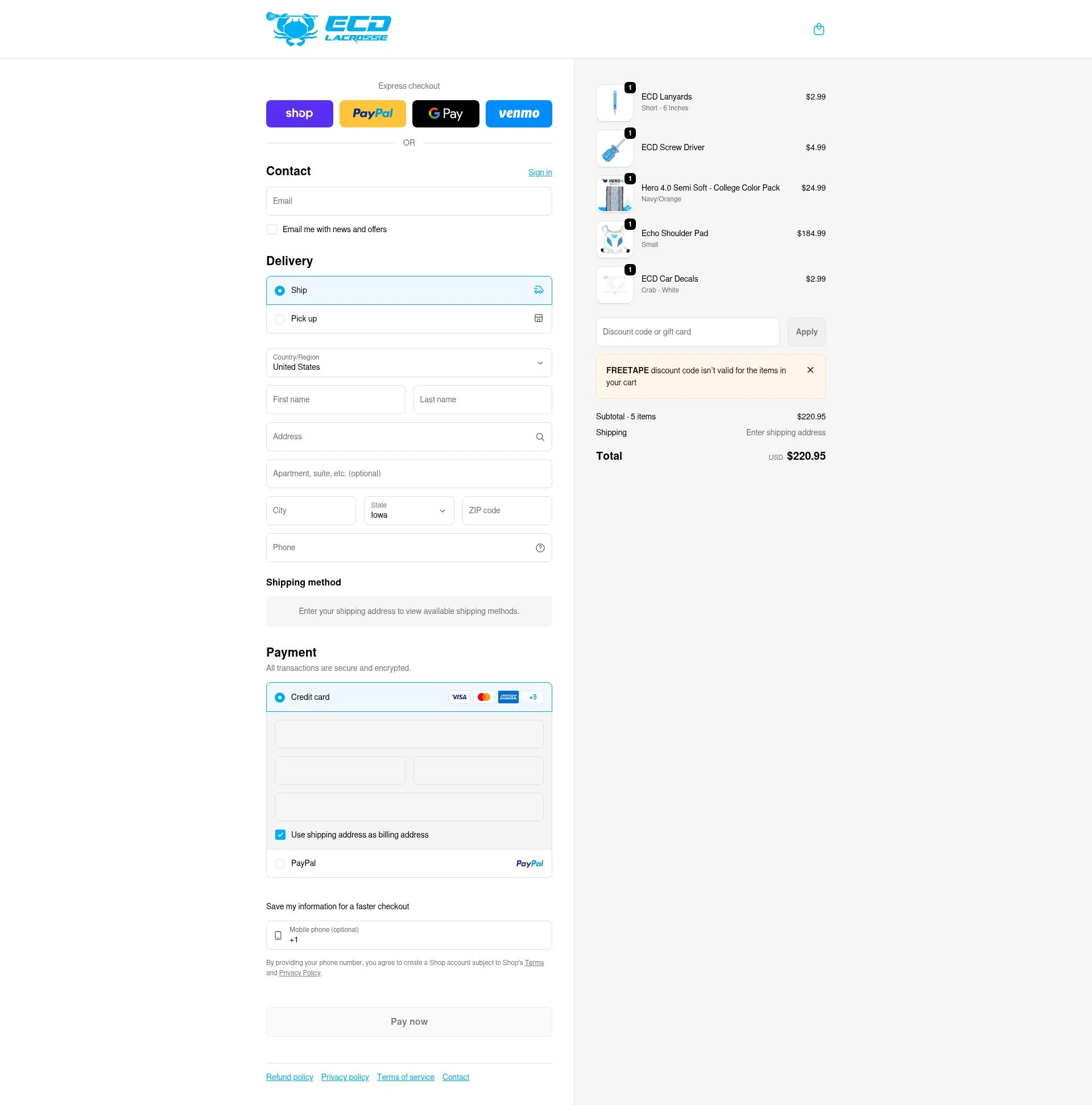 ECD Lacrosse checkout page showing ECD Lacrosse discount code box | Screenshot taken by SimplyCodes community member on Feb 20, 2026