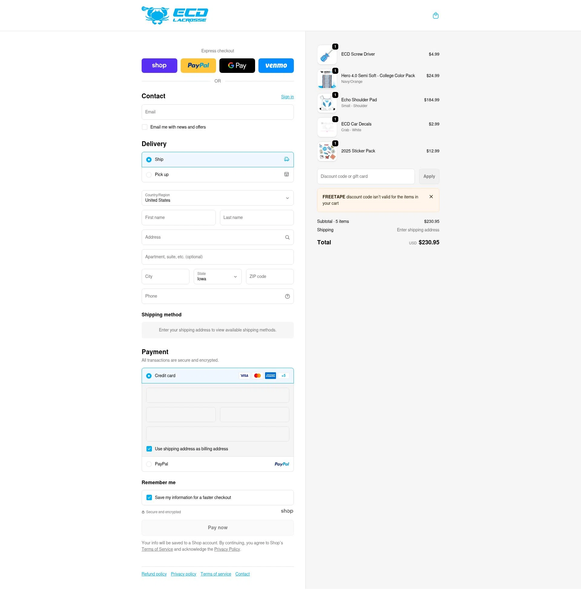 ECD Lacrosse checkout page showing ECD Lacrosse discount code box | Screenshot taken by SimplyCodes community member on Jan 15, 2026