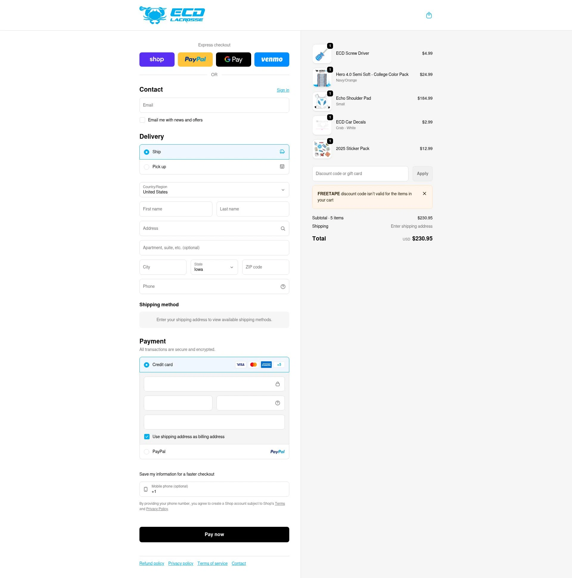 ECD Lacrosse checkout page showing ECD Lacrosse discount code box | Screenshot taken by SimplyCodes community member on Feb 11, 2026