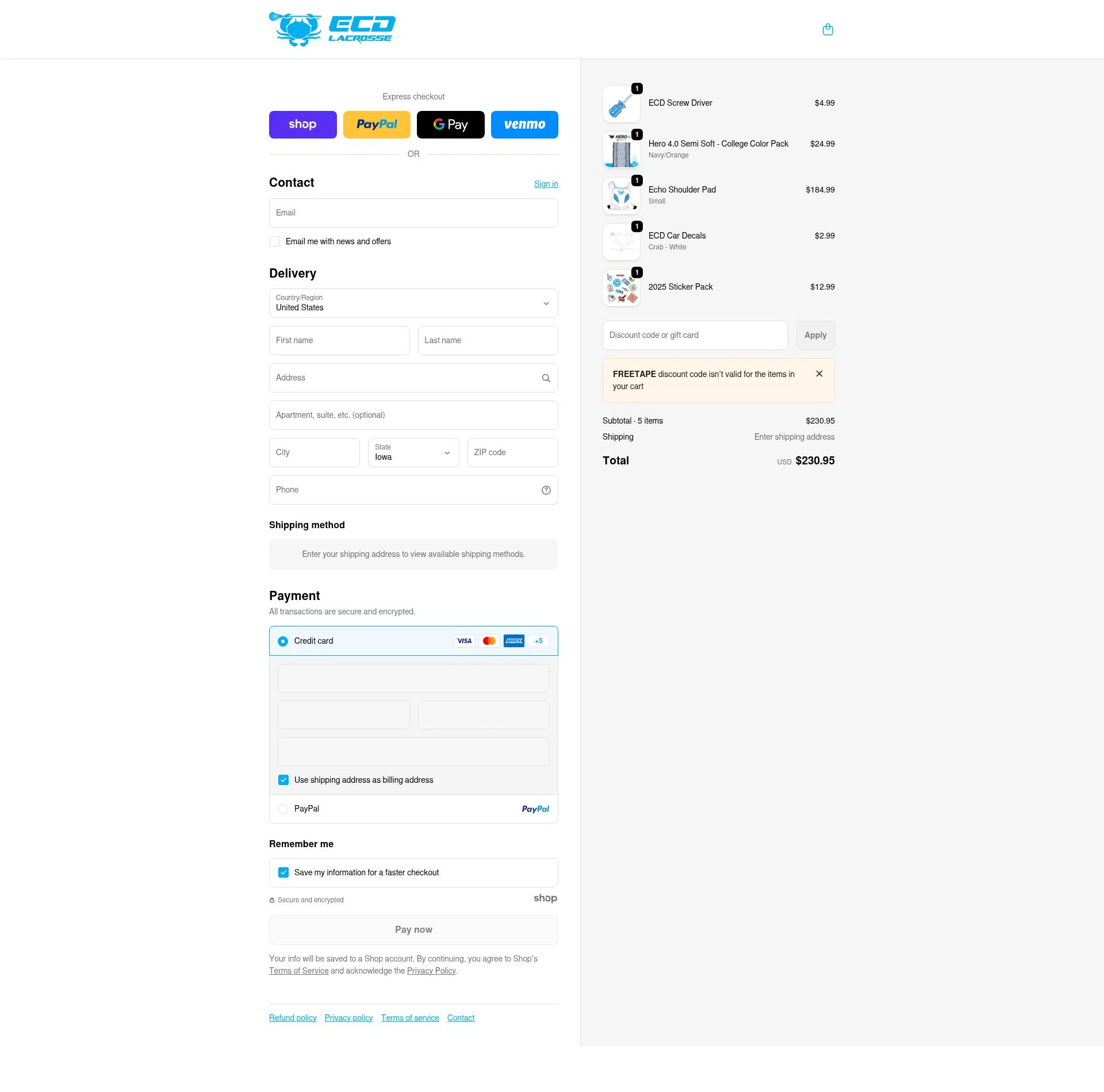 ECD Lacrosse checkout page showing ECD Lacrosse discount code box | Screenshot taken by SimplyCodes community member on Dec 31, 2025