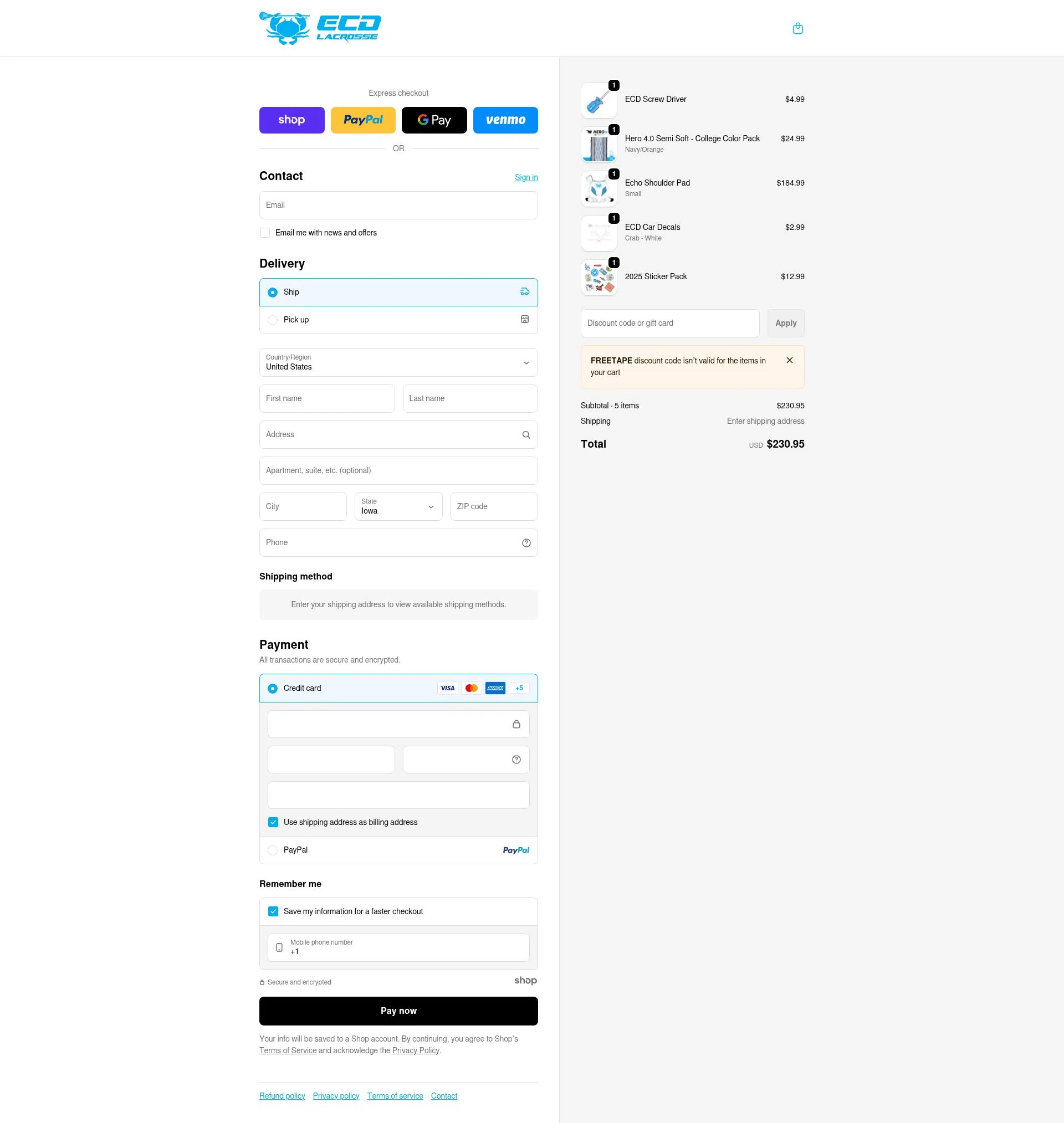 ECD Lacrosse checkout page showing ECD Lacrosse discount code box | Screenshot taken by SimplyCodes community member on Jan 5, 2026