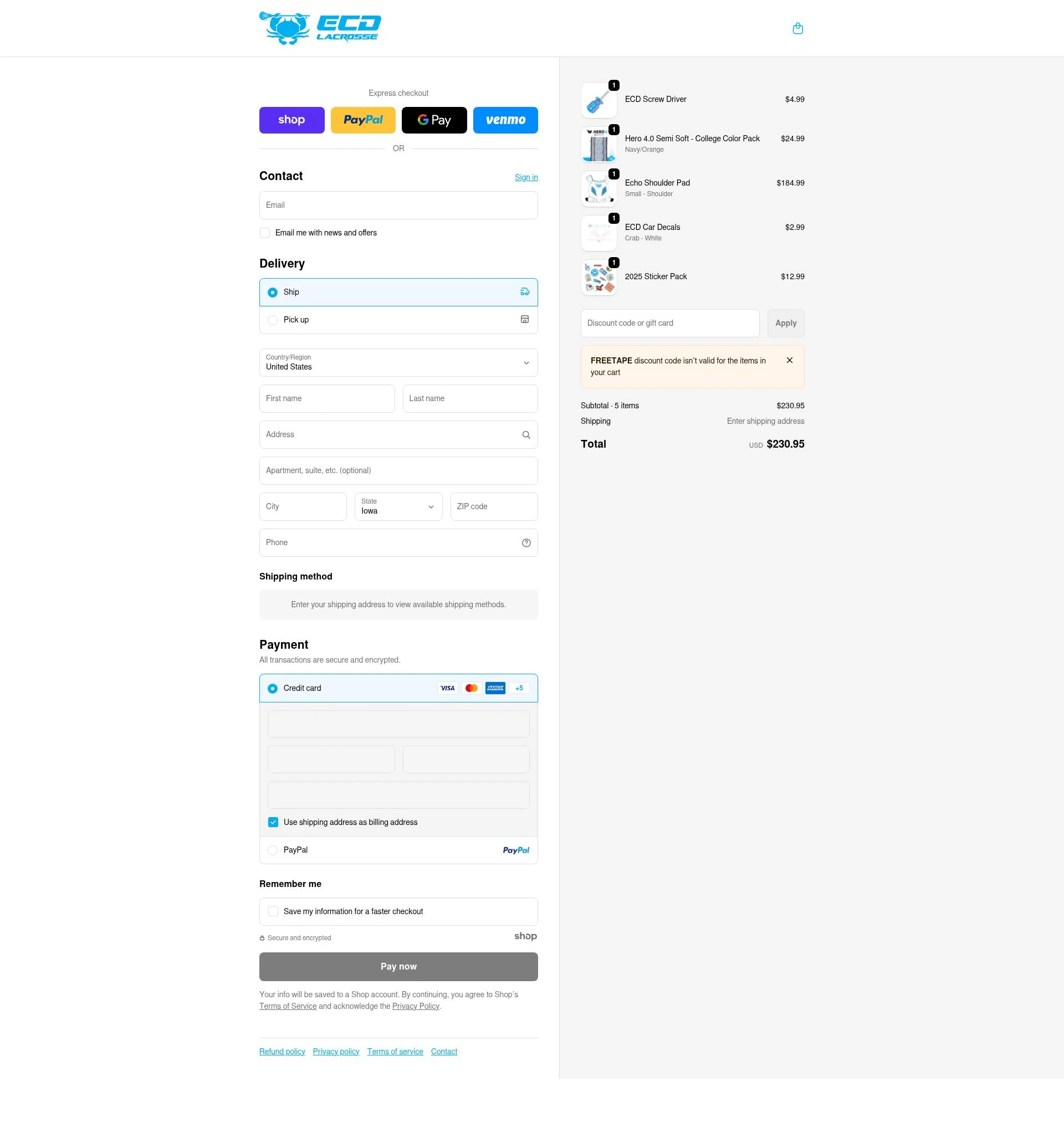 ECD Lacrosse checkout page showing ECD Lacrosse discount code box | Screenshot taken by SimplyCodes community member on Jan 21, 2026