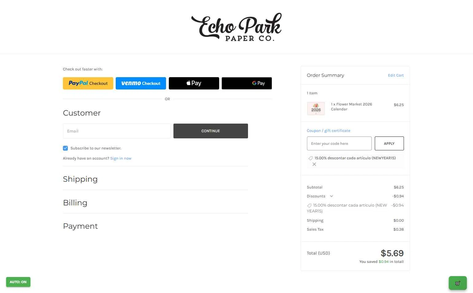 Echo Park Paper checkout page showing Echo Park Paper coupon code box | Screenshot taken by SimplyCodes community member on Jan 1, 2026