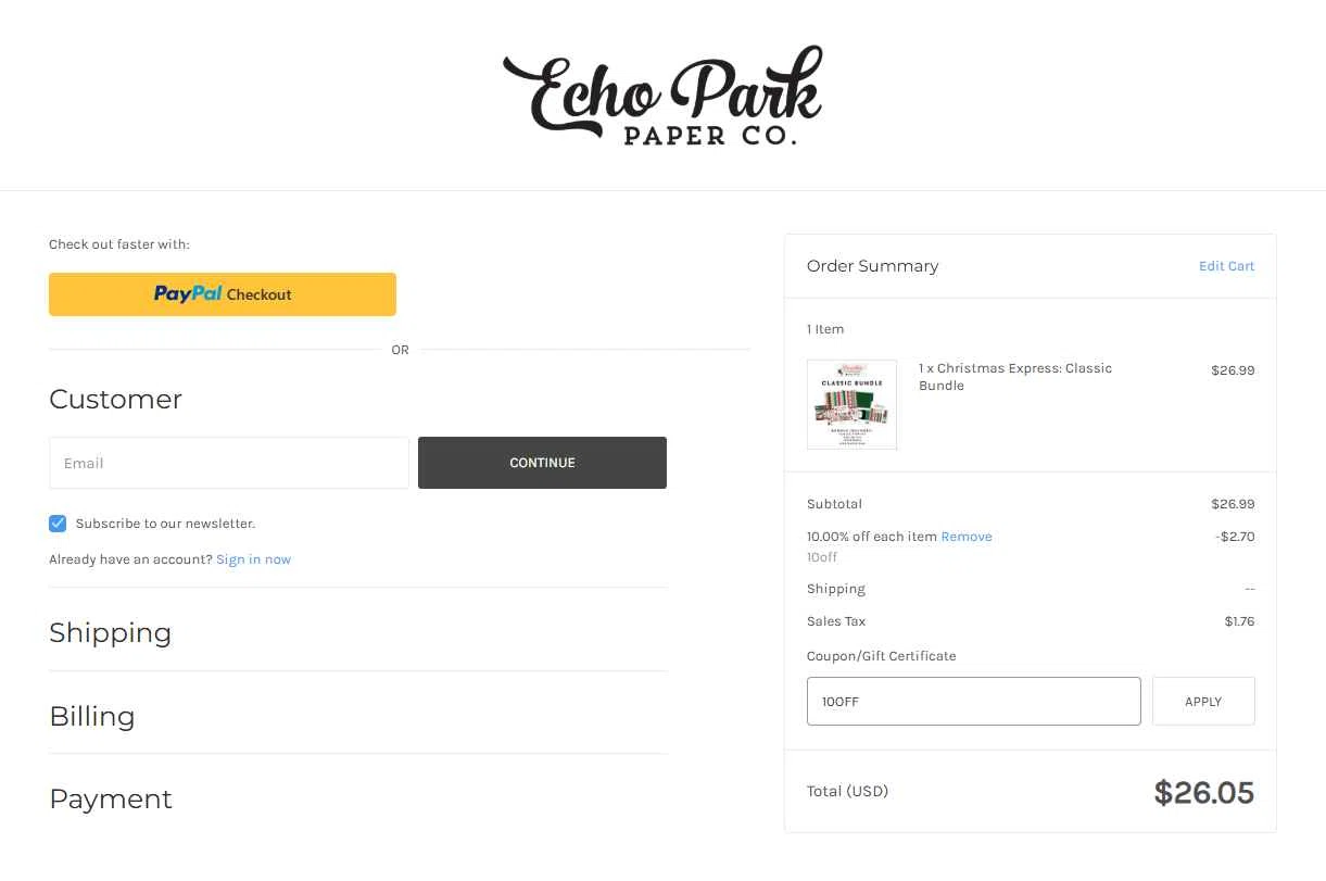 Echo Park Paper checkout page showing Echo Park Paper coupon code box | Screenshot taken by SimplyCodes community member on Nov 24, 2025