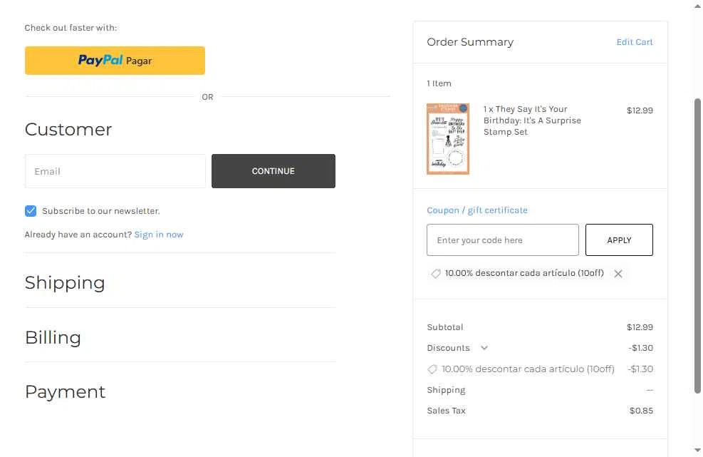 Echo Park Paper checkout page showing Echo Park Paper coupon code box | Screenshot taken by SimplyCodes community member on Jan 21, 2026