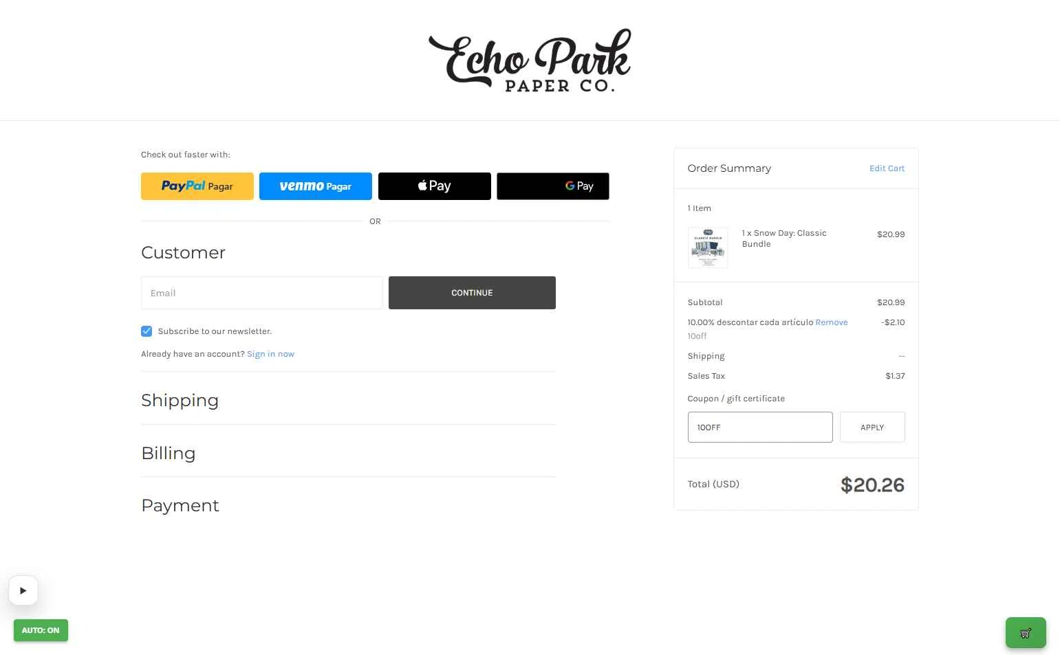 Echo Park Paper checkout page showing Echo Park Paper coupon code box | Screenshot taken by SimplyCodes community member on Dec 23, 2025