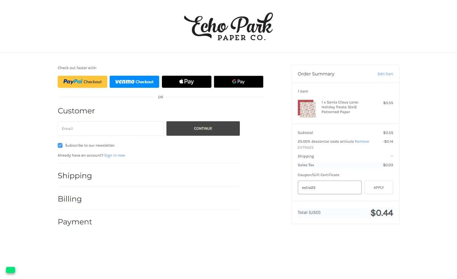 Echo Park Paper checkout page showing Echo Park Paper coupon code box | Screenshot taken by SimplyCodes community member on Nov 23, 2025