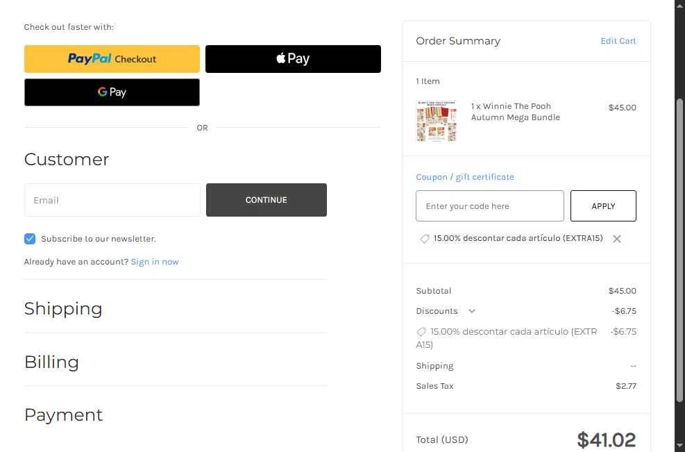 Echo Park Paper checkout page showing Echo Park Paper coupon code box | Screenshot taken by SimplyCodes community member on Jan 24, 2026