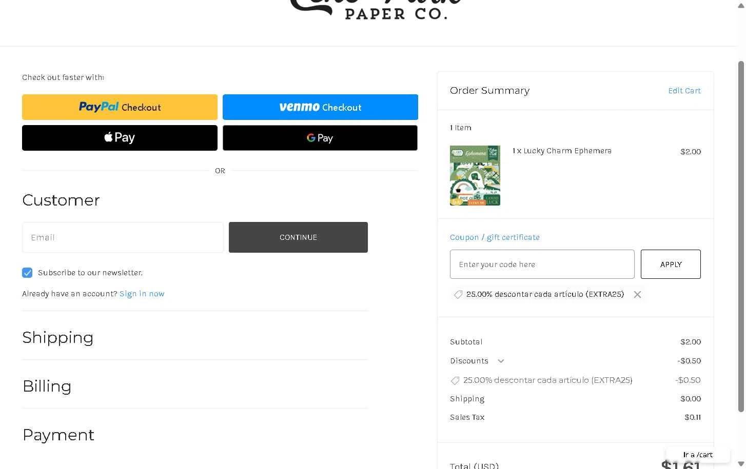 Echo Park Paper checkout page showing Echo Park Paper coupon code box | Screenshot taken by SimplyCodes community member on Dec 30, 2025
