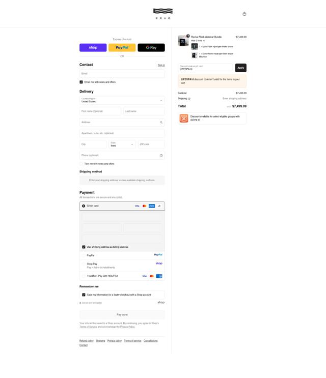 Echo Hydrogen Water checkout page showing Echo Hydrogen Water discount code box | Screenshot taken by SimplyCodes community member on Sep 15, 2025