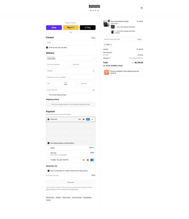 Echo Hydrogen Water checkout page showing Echo Hydrogen Water discount code box | Screenshot taken by SimplyCodes community member on Sep 15, 2025