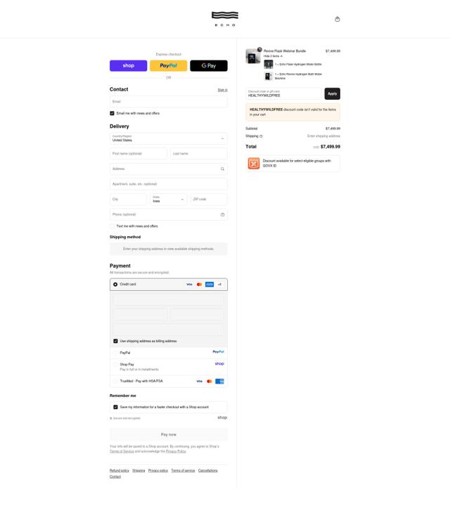 Echo Hydrogen Water checkout page showing Echo Hydrogen Water discount code box | Screenshot taken by SimplyCodes community member on Sep 15, 2025