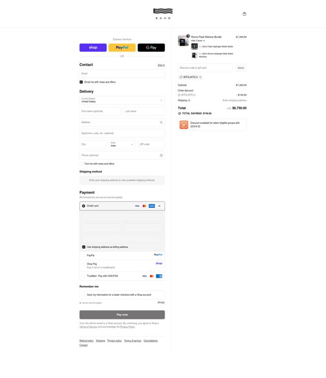 Echo Hydrogen Water checkout page showing Echo Hydrogen Water discount code box | Screenshot taken by SimplyCodes community member on Sep 15, 2025