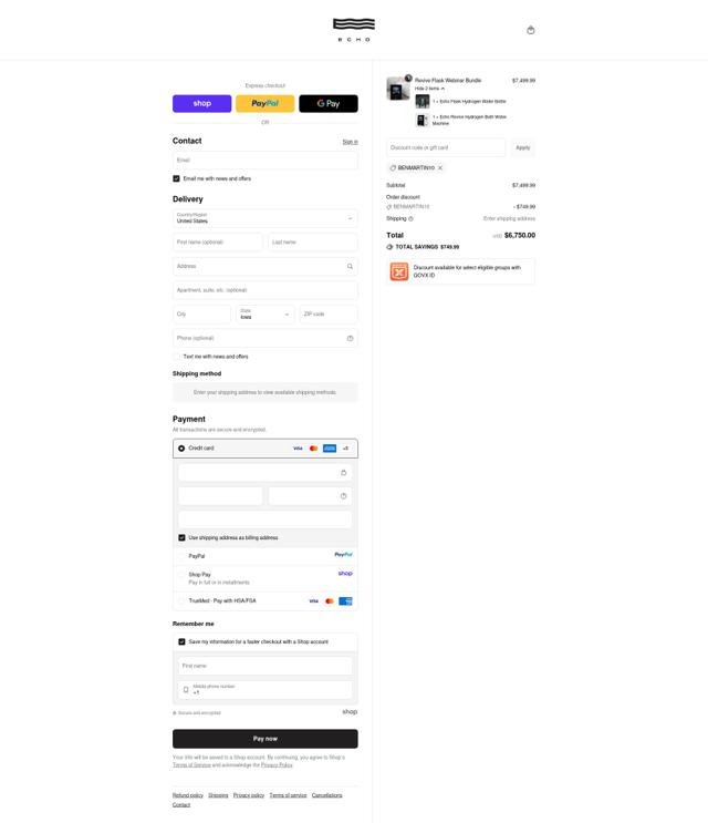 Echo Hydrogen Water checkout page showing Echo Hydrogen Water discount code box | Screenshot taken by SimplyCodes community member on Sep 15, 2025