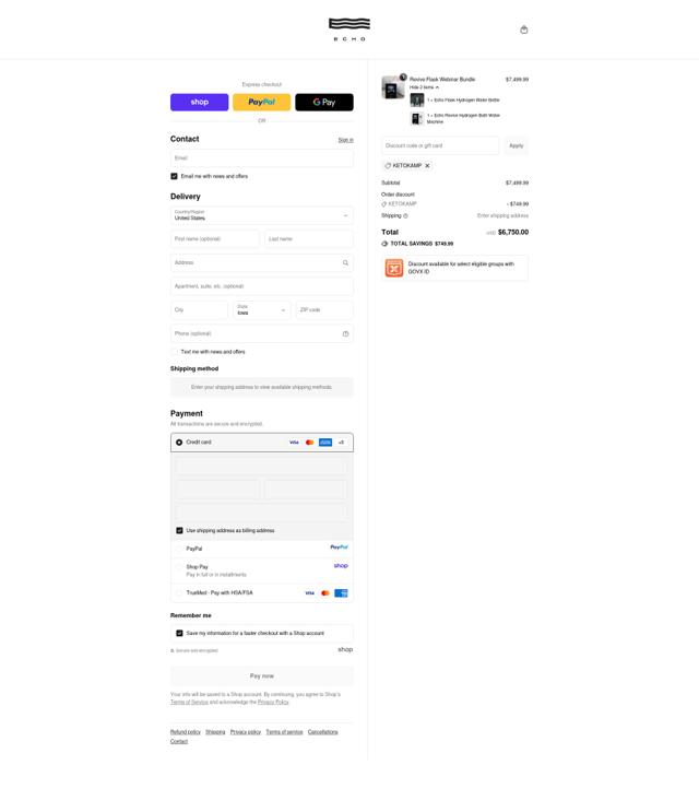 Echo Hydrogen Water checkout page showing Echo Hydrogen Water discount code box | Screenshot taken by SimplyCodes community member on Sep 15, 2025