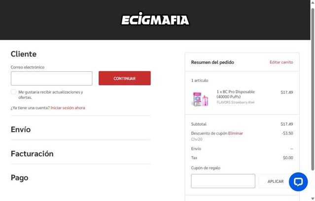 EcigMafia checkout page showing EcigMafia coupon code box | Screenshot taken by SimplyCodes community member on Aug 25, 2025
