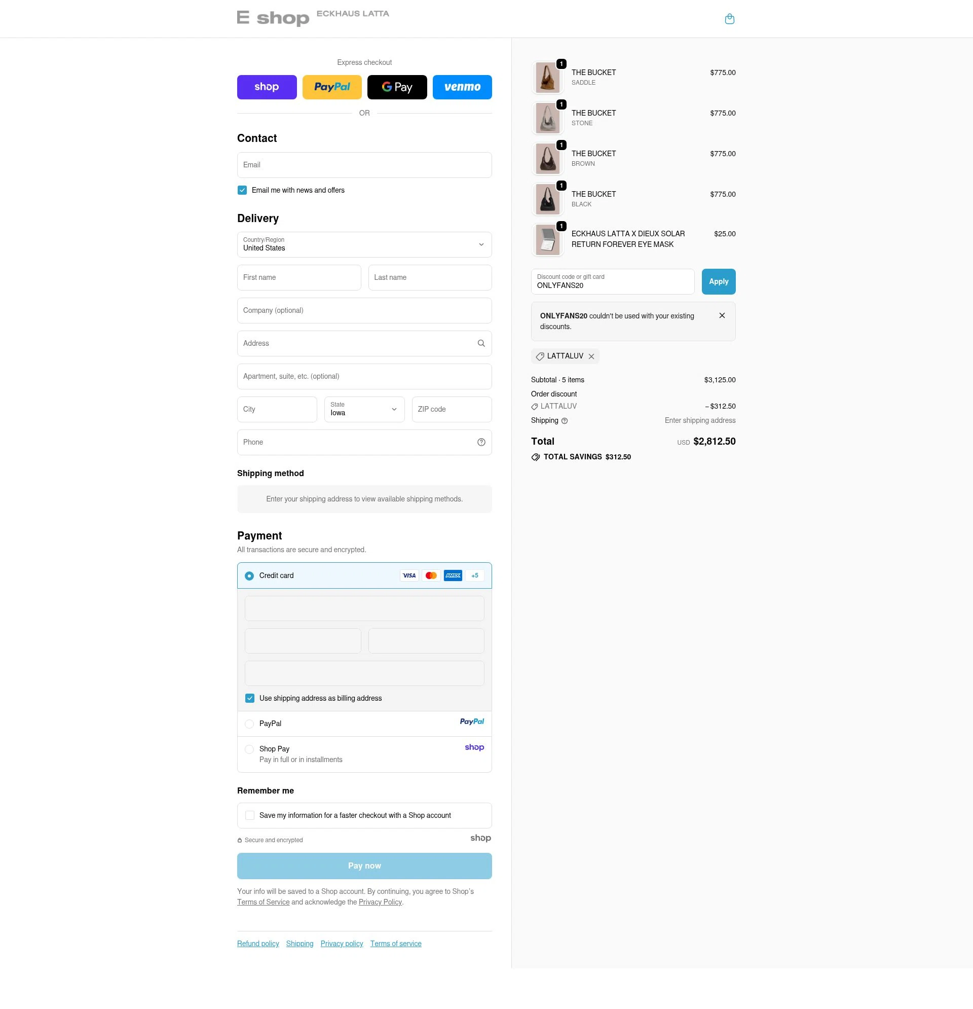 Eckhaus Latta checkout page showing Eckhaus Latta promo code box | Screenshot taken by SimplyCodes community member on Oct 26, 2025