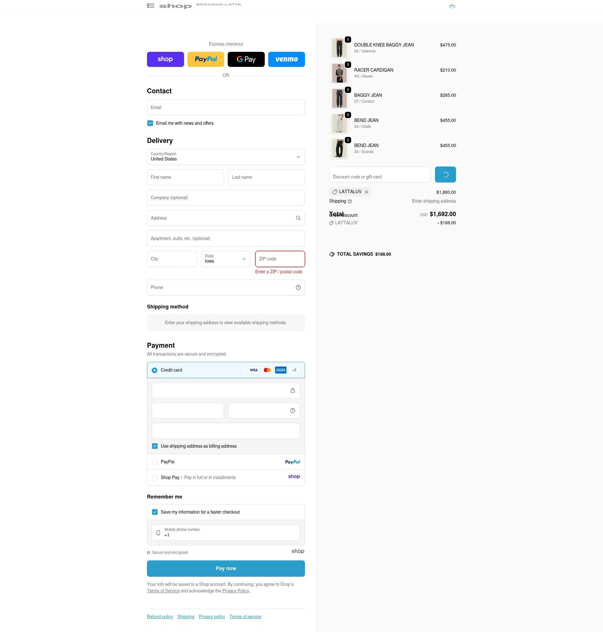 Eckhaus Latta checkout page showing Eckhaus Latta promo code box | Screenshot taken by SimplyCodes community member on Dec 31, 2025