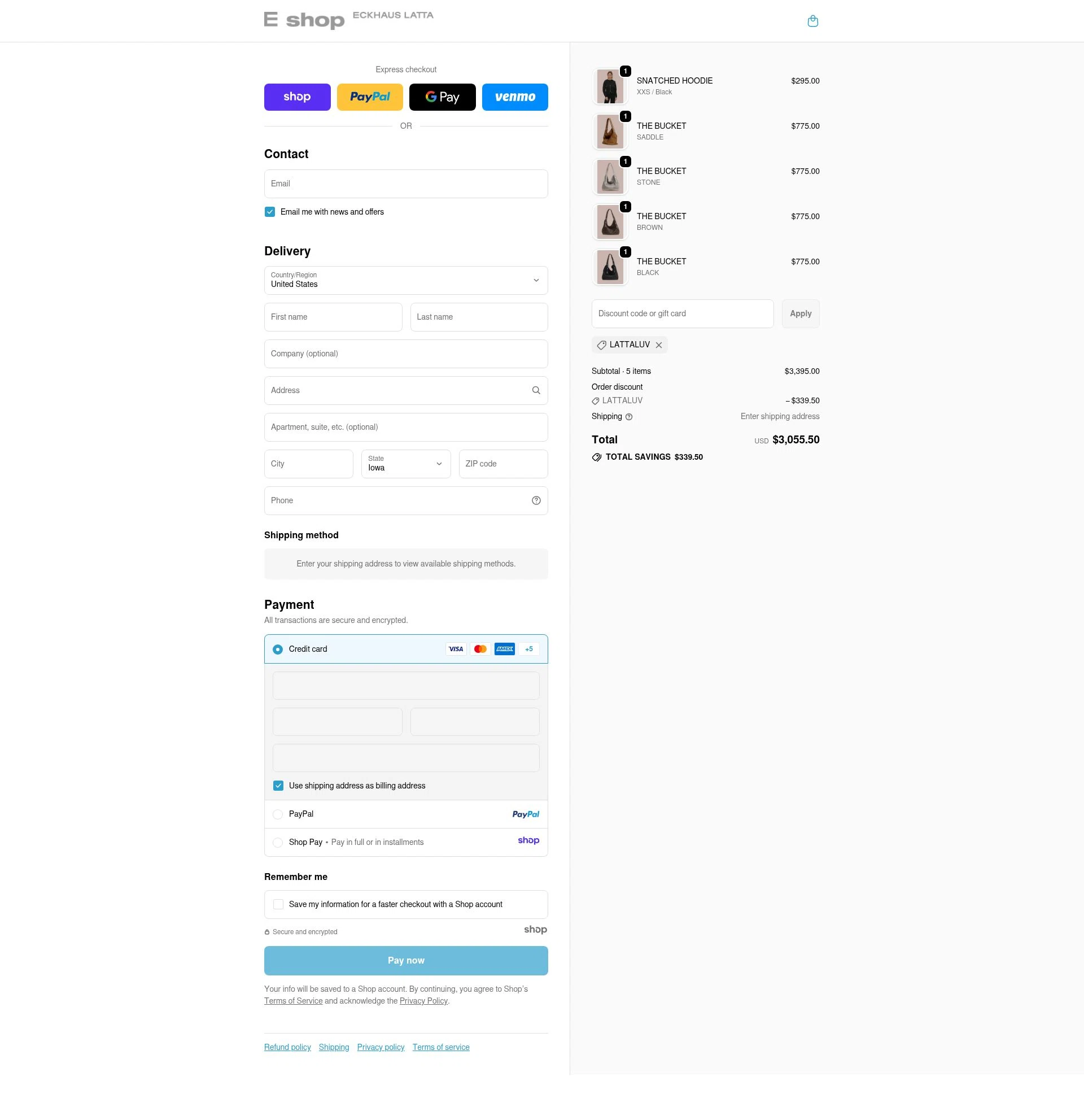Eckhaus Latta checkout page showing Eckhaus Latta promo code box | Screenshot taken by SimplyCodes community member on Nov 23, 2025