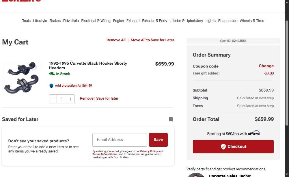 Eckler's Corvette checkout page showing Eckler's Corvette promo code box | Screenshot taken by SimplyCodes community member on Apr 29, 2025