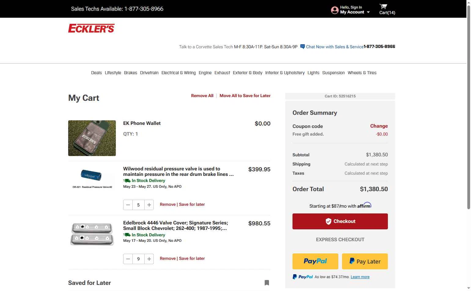 Eckler's Corvette checkout page showing Eckler's Corvette promo code box | Screenshot taken by SimplyCodes community member on May 13, 2025