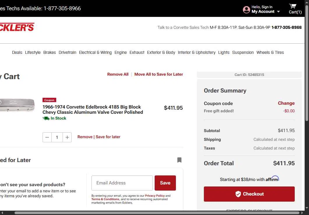 Eckler's Corvette checkout page showing Eckler's Corvette promo code box | Screenshot taken by SimplyCodes community member on Apr 23, 2025