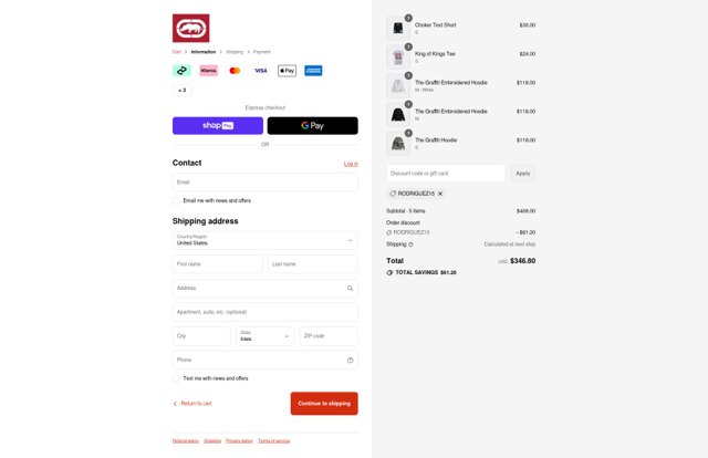 Ecko Unltd checkout page showing Ecko Unltd promo code box | Screenshot taken by SimplyCodes community member on Aug 22, 2025