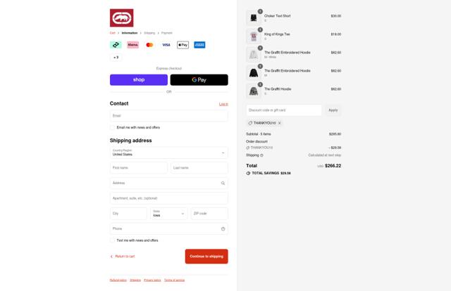 Ecko Unltd checkout page showing Ecko Unltd promo code box | Screenshot taken by SimplyCodes community member on Aug 30, 2025