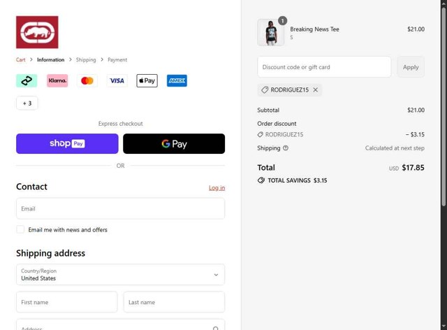 Ecko Unltd checkout page showing Ecko Unltd promo code box | Screenshot taken by SimplyCodes community member on Aug 27, 2025