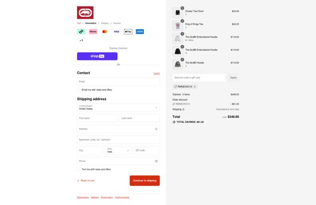 Ecko Unltd checkout page showing Ecko Unltd promo code box | Screenshot taken by SimplyCodes community member on Aug 26, 2025