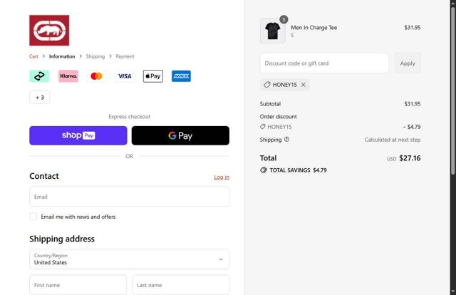Ecko Unltd checkout page showing Ecko Unltd promo code box | Screenshot taken by SimplyCodes community member on Aug 25, 2025