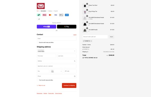 Ecko Unltd checkout page showing Ecko Unltd promo code box | Screenshot taken by SimplyCodes community member on Aug 26, 2025