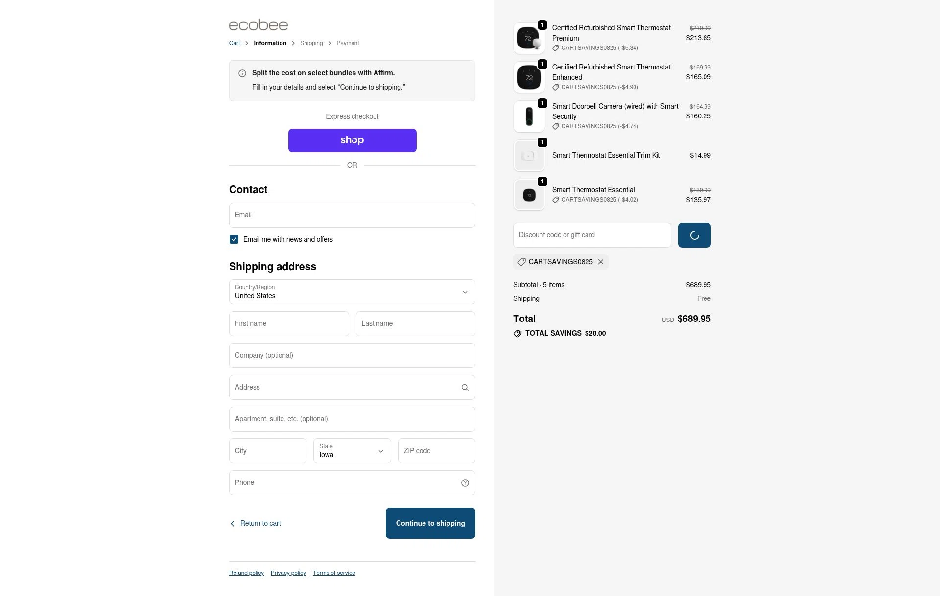 Ecobee checkout page showing Ecobee discount code box | Screenshot taken by SimplyCodes community member on Jan 28, 2026