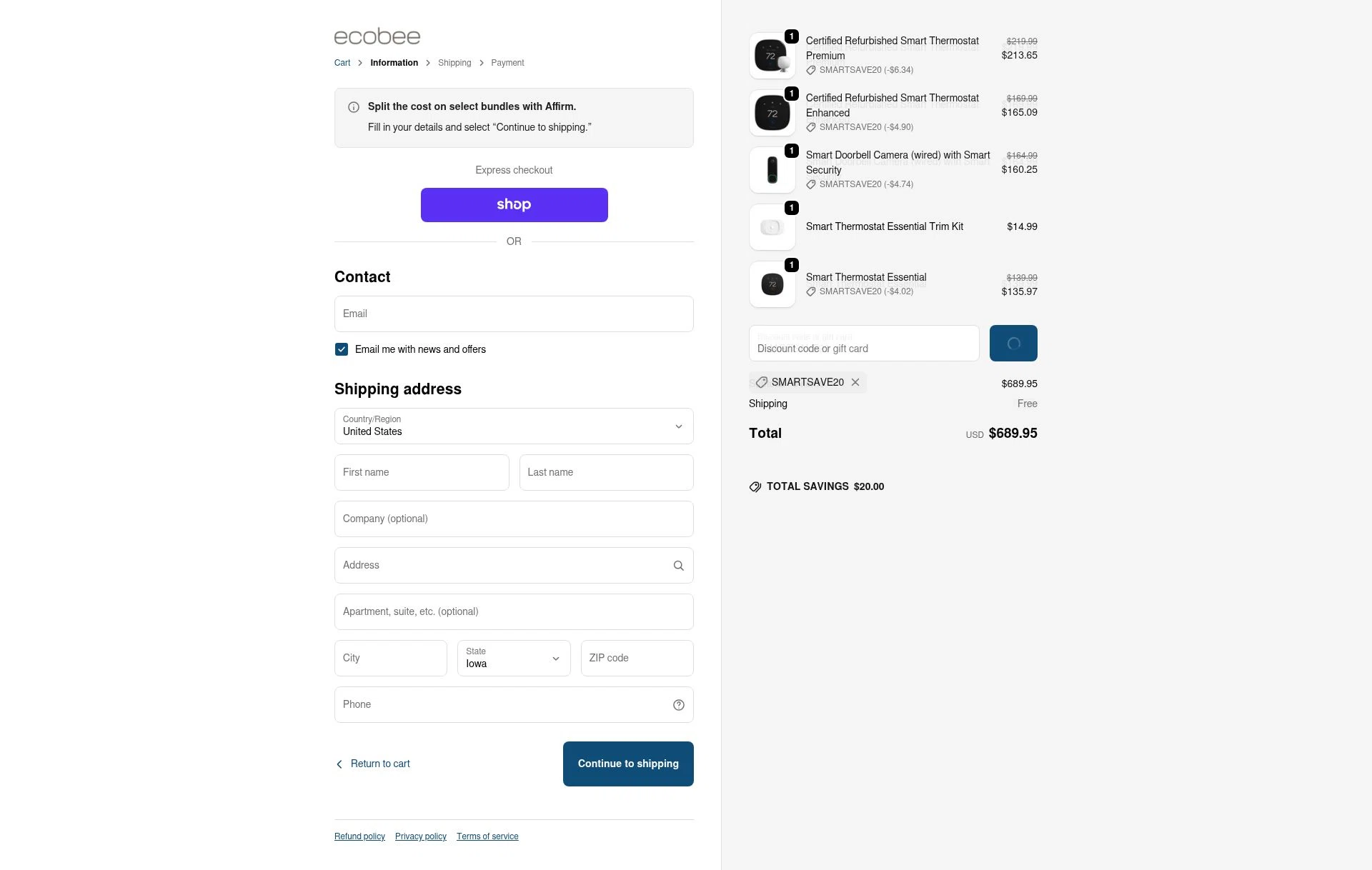 Ecobee checkout page showing Ecobee discount code box | Screenshot taken by SimplyCodes community member on Jan 31, 2026