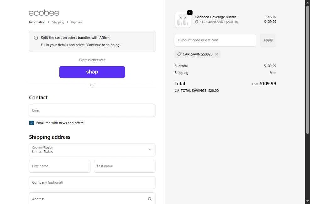 Ecobee checkout page showing Ecobee discount code box | Screenshot taken by SimplyCodes community member on Nov 12, 2025
