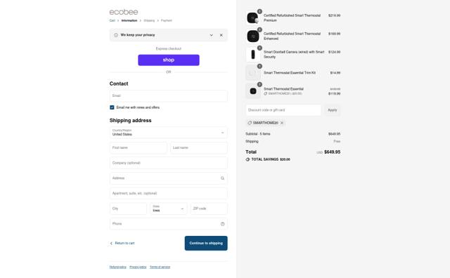Ecobee checkout page showing Ecobee discount code box | Screenshot taken by SimplyCodes community member on Sep 10, 2025