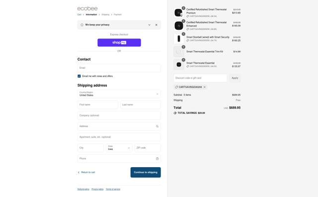 Ecobee checkout page showing Ecobee discount code box | Screenshot taken by SimplyCodes community member on Aug 18, 2025