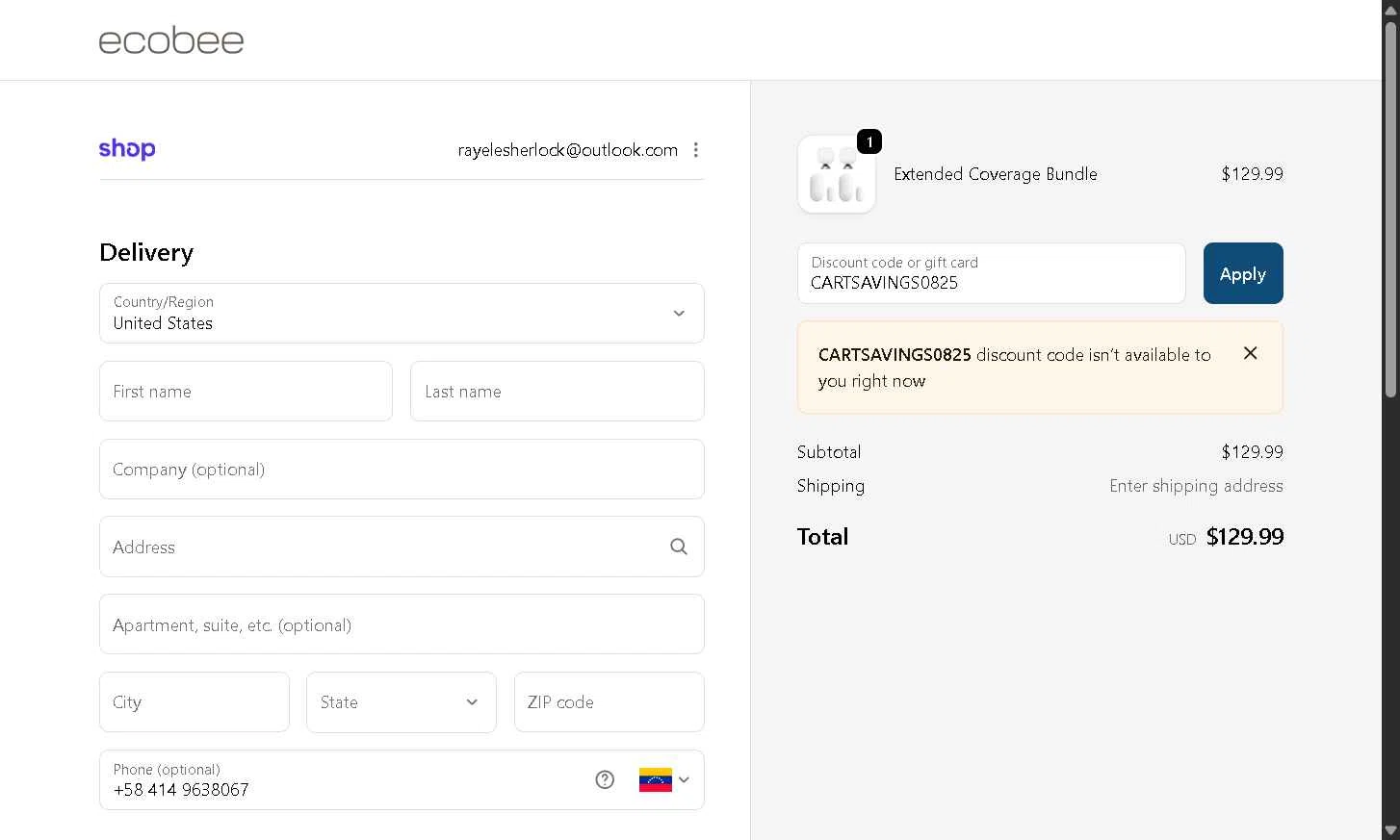 Ecobee checkout page showing Ecobee discount code box | Screenshot taken by SimplyCodes community member on Dec 14, 2025