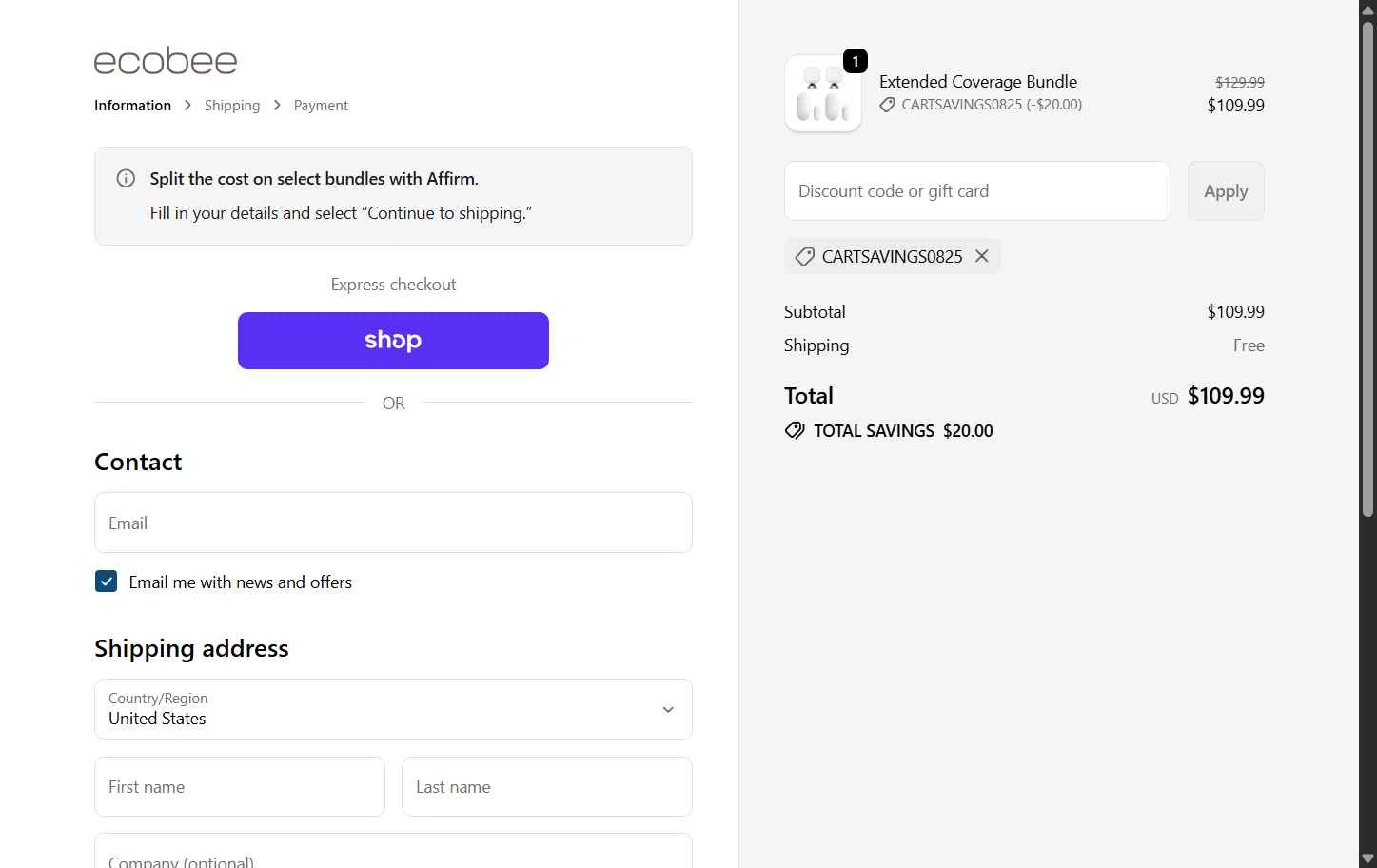 Ecobee checkout page showing Ecobee discount code box | Screenshot taken by SimplyCodes community member on Nov 12, 2025