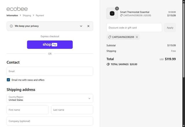 Ecobee checkout page showing Ecobee discount code box | Screenshot taken by SimplyCodes community member on Aug 17, 2025
