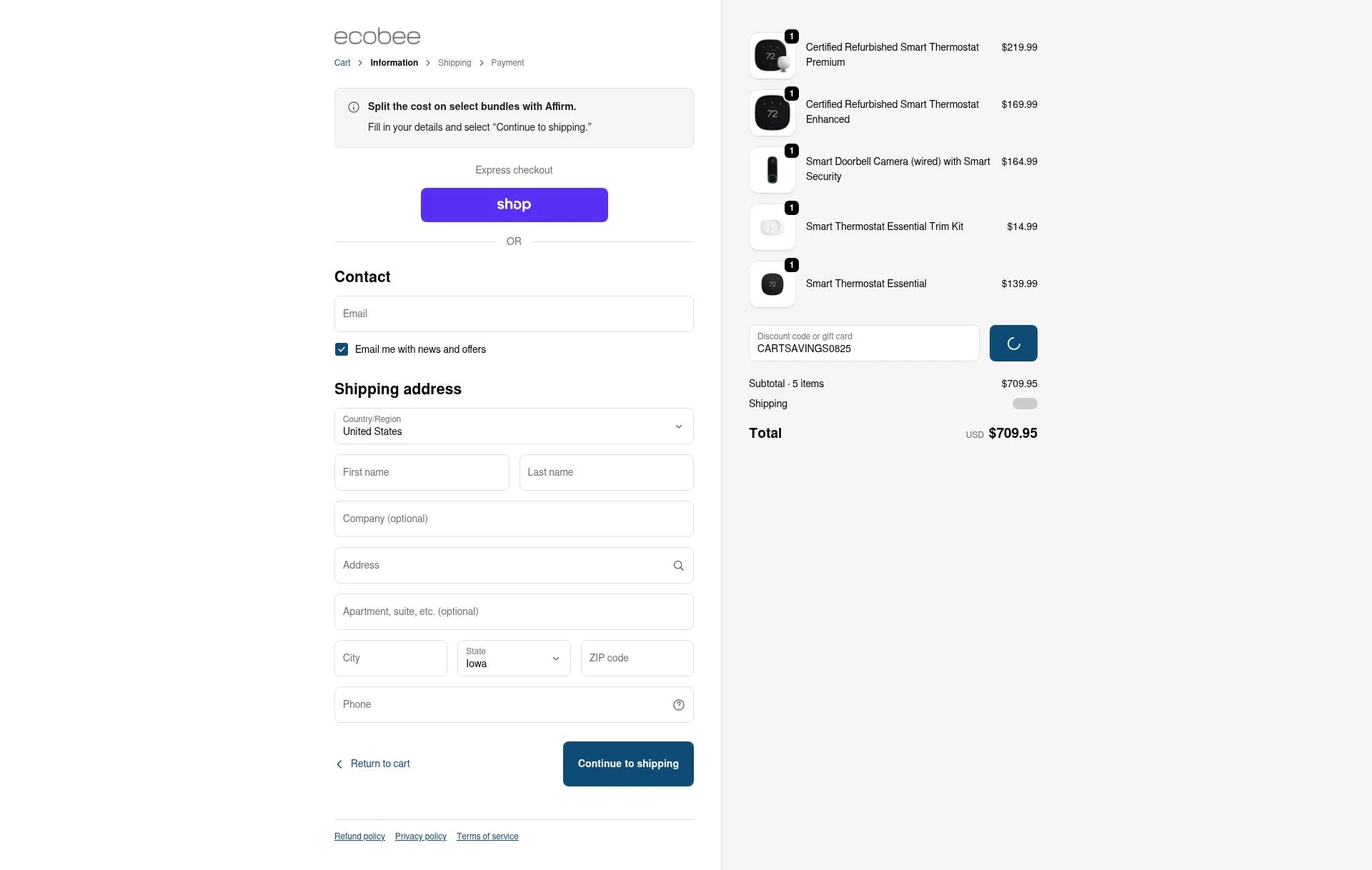 Ecobee checkout page showing Ecobee discount code box | Screenshot taken by SimplyCodes community member on Feb 1, 2026