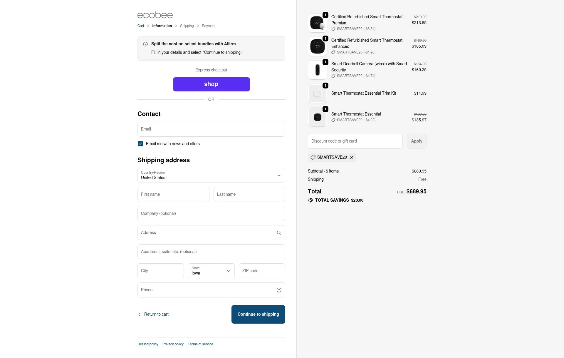 Ecobee checkout page showing Ecobee discount code box | Screenshot taken by SimplyCodes community member on Nov 15, 2025