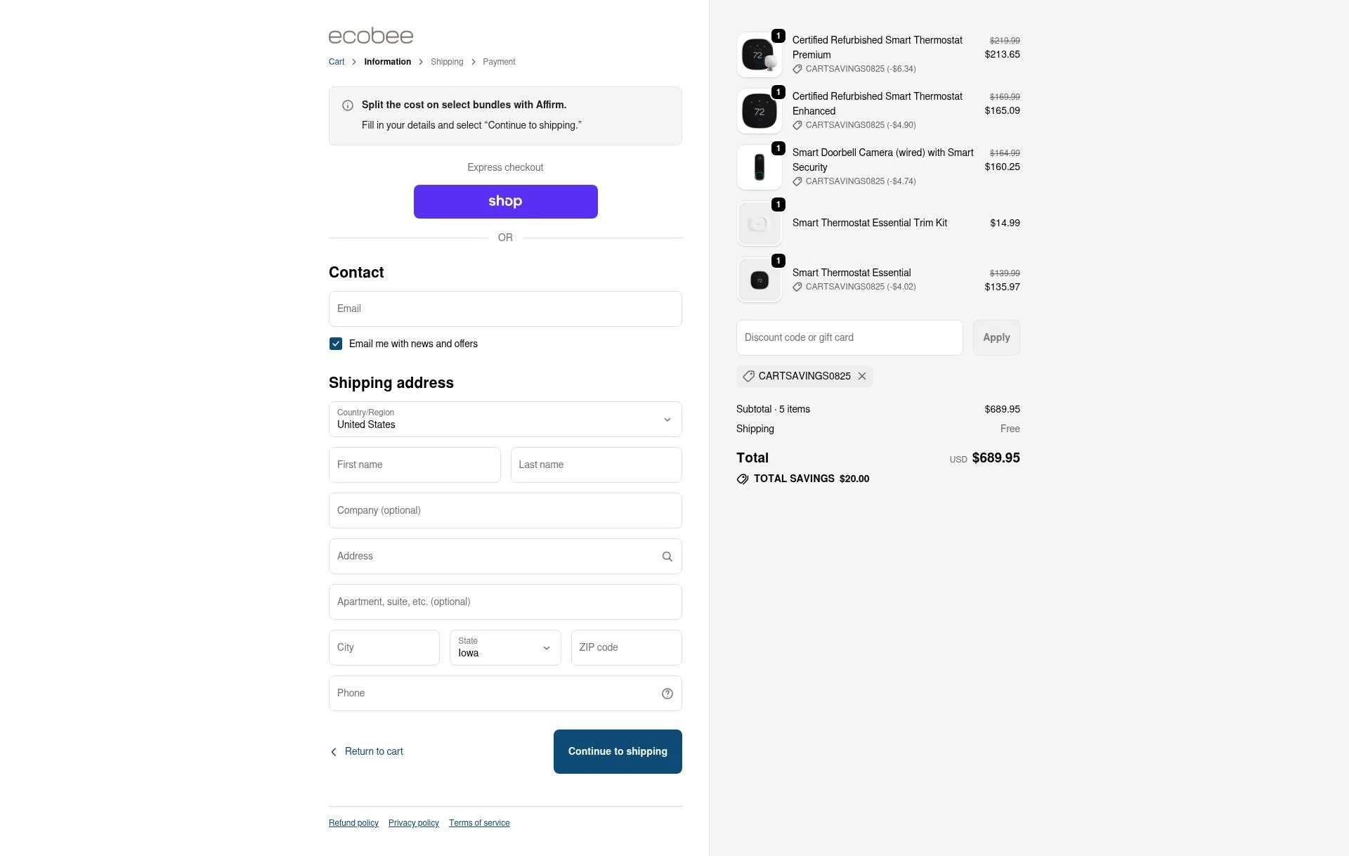 Ecobee checkout page showing Ecobee discount code box | Screenshot taken by SimplyCodes community member on Nov 15, 2025