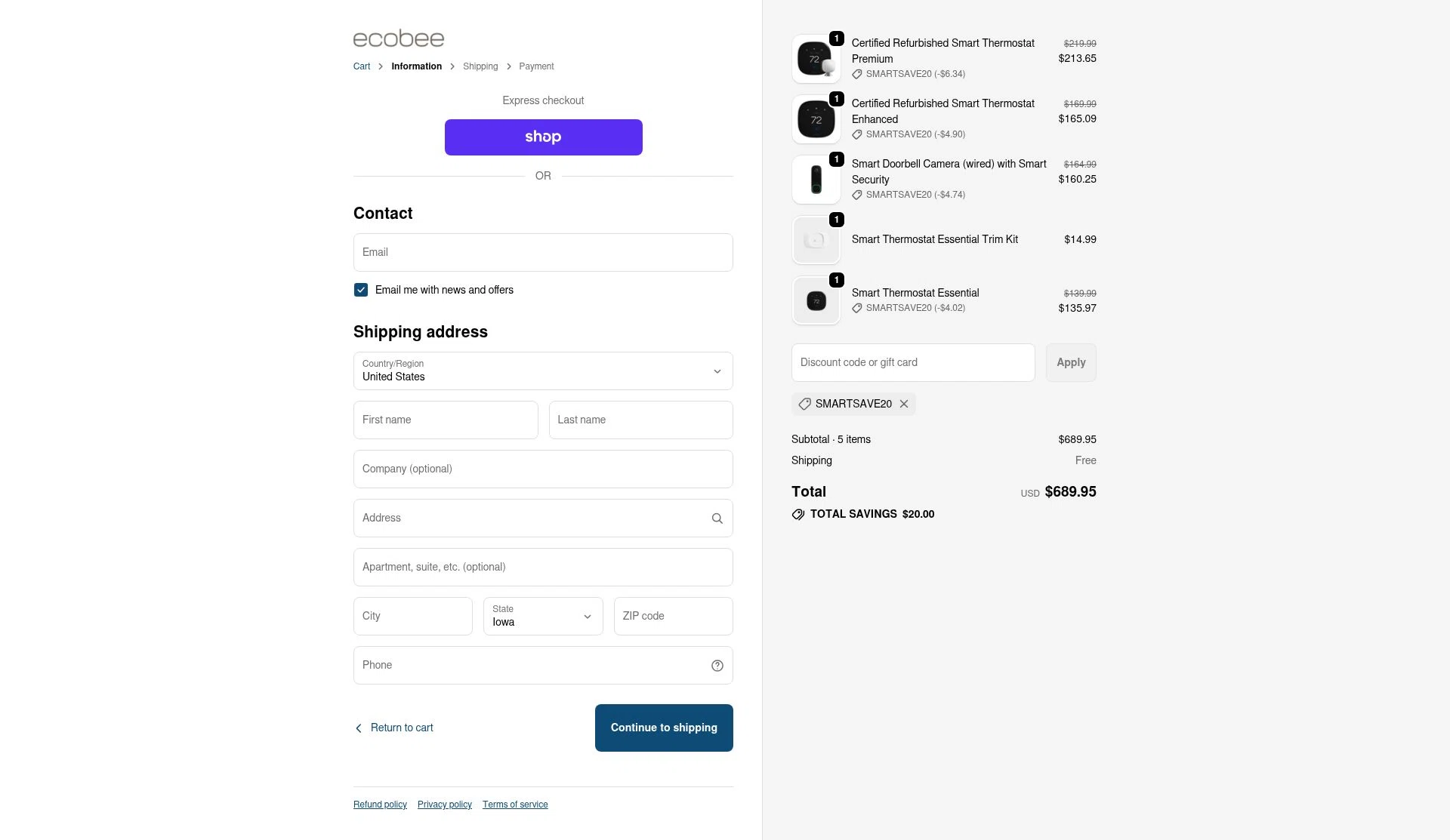 Ecobee checkout page showing Ecobee discount code box | Screenshot taken by SimplyCodes community member on Nov 9, 2025