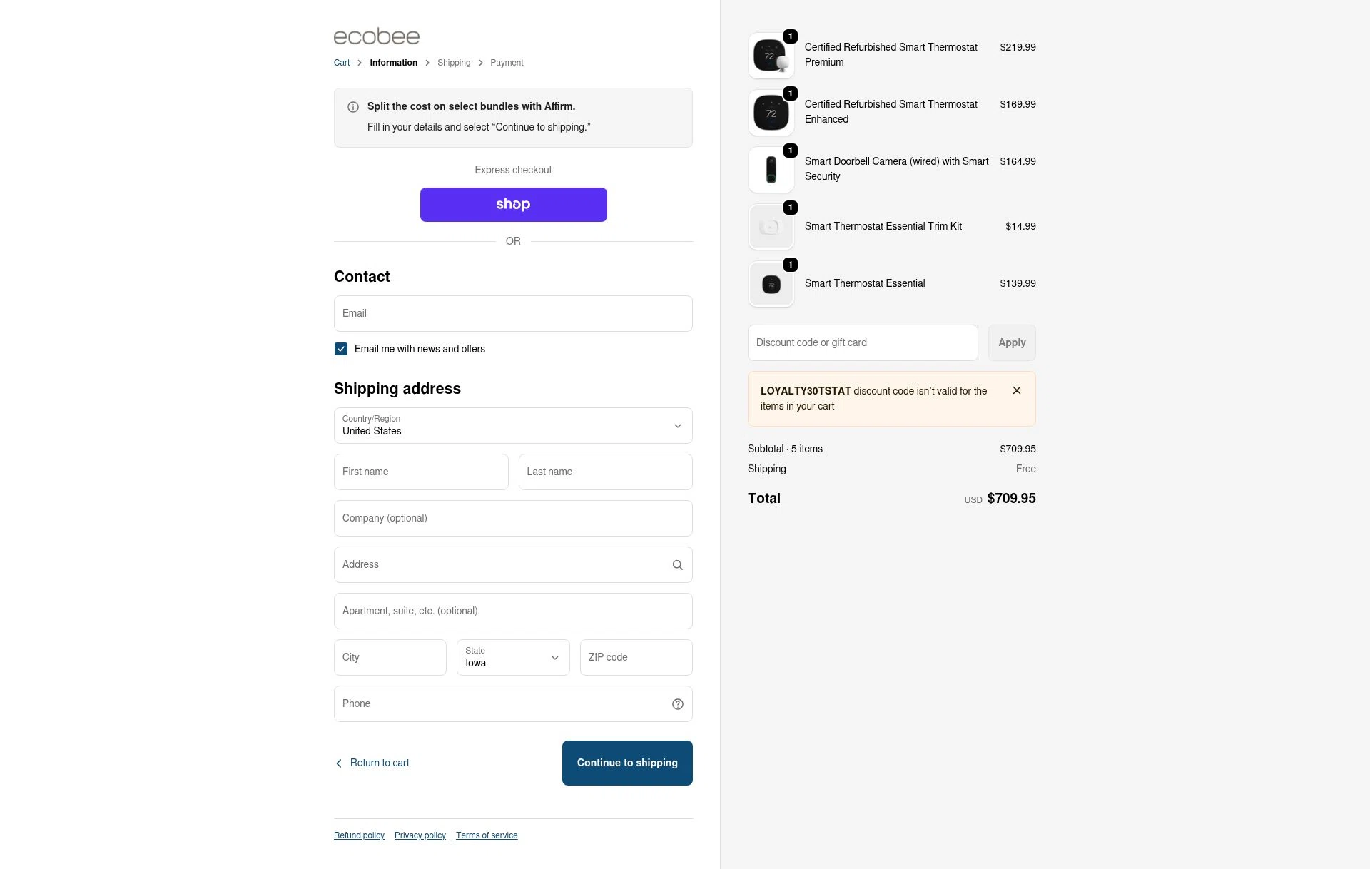 Ecobee checkout page showing Ecobee discount code box | Screenshot taken by SimplyCodes community member on Jan 23, 2026