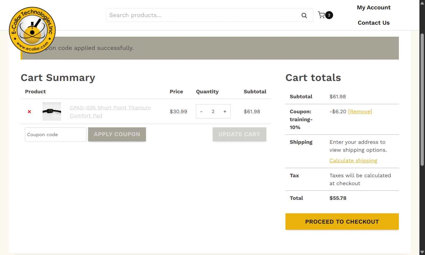 E-Collar Technologies checkout page showing E-Collar Technologies promo code box | Screenshot taken by SimplyCodes community member on Apr 11, 2025