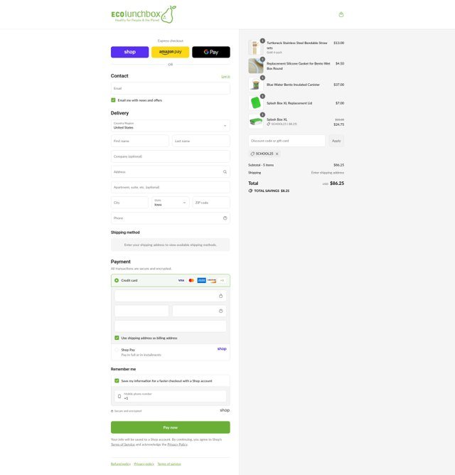 ECOlunchbox checkout page showing ECOlunchbox coupon code box | Screenshot taken by SimplyCodes community member on Sep 4, 2025