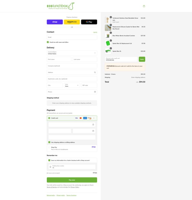 ECOlunchbox checkout page showing ECOlunchbox coupon code box | Screenshot taken by SimplyCodes community member on Sep 4, 2025