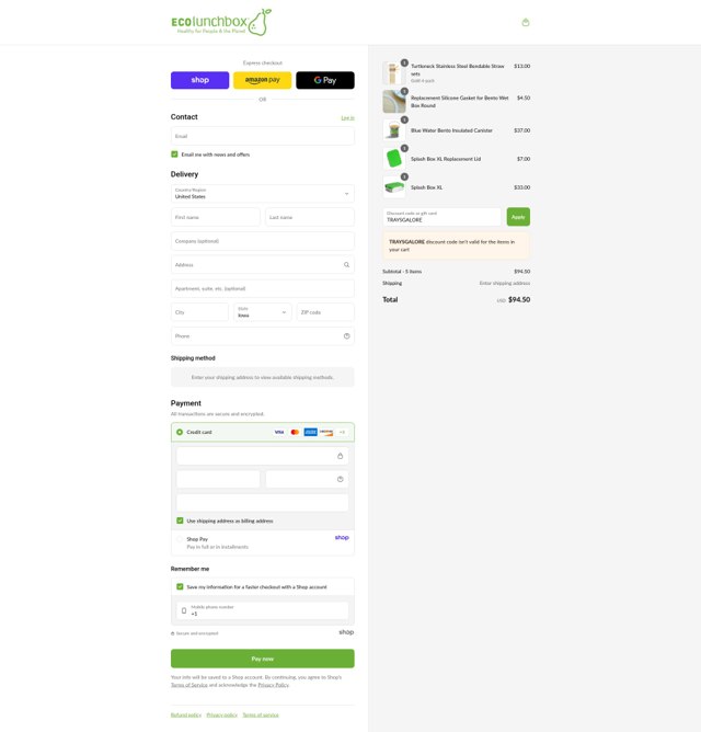 ECOlunchbox checkout page showing ECOlunchbox coupon code box | Screenshot taken by SimplyCodes community member on Sep 4, 2025